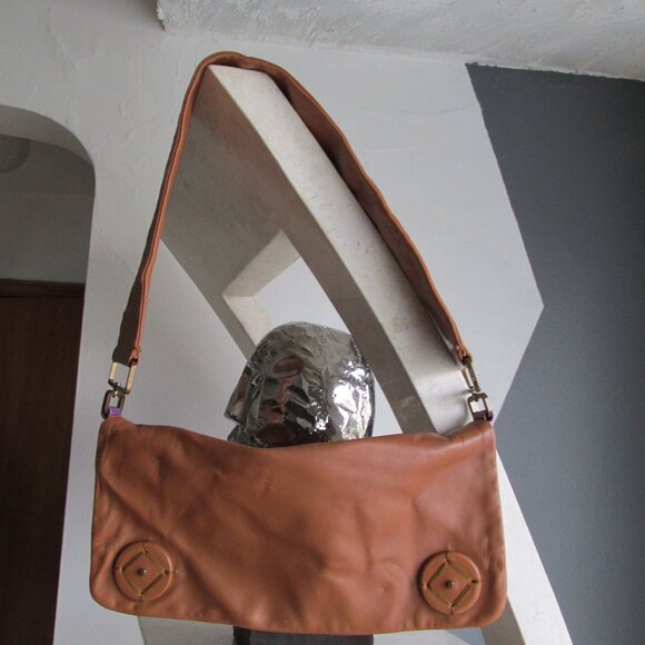 Prada 2001 Runway brown/Purple Two Tone Leather Flap Wide Strap Shoulder Purse - Picture 1 of 11